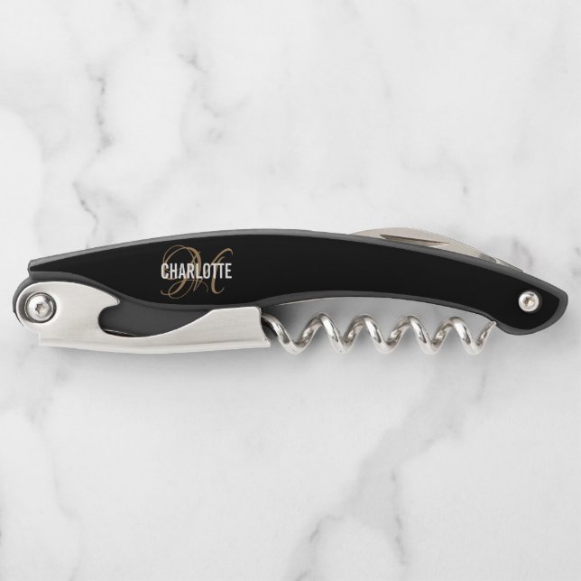 Modern black gold monogrammed name  waiter's corks corkscrew (Front)