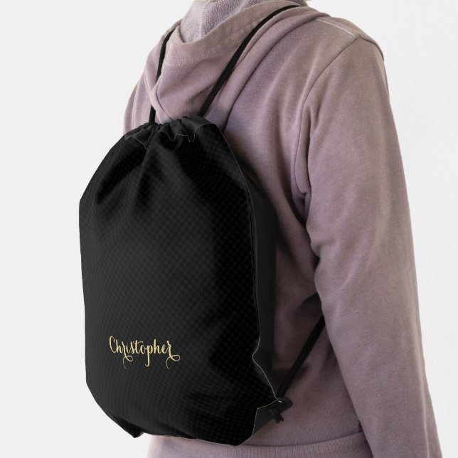 Modern Black Gold Monogrammed School Sports Kids Drawstring Bag (Insitu)