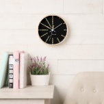 Modern Black Gold Name Home Office Room Decor Wood Clock<br><div class="desc">Custom, personalized, modern, unique, boho, contemporary, minimalist, snazzy cool classy design faux gold triangles hours, art deco retro faux gold script / typography black acrylic round wall clock with high-impact plexiglass crystal face and natural wood frame, for your nursery, kitchen, living room, bathroom, kids corner, home, office. Simply type in...</div>