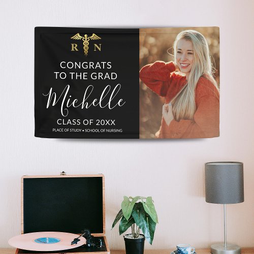 Modern Black  Gold Nurse Medical Photo Graduation Banner