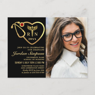 Modern Black Gold Nursing Graduation Photo Invitation Postcard
