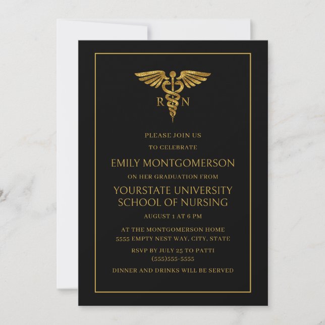 Modern Black Gold Nursing School RN Graduation Invitation (Front)