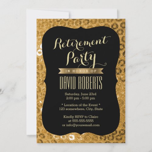 Modern Black &amp; Gold Paillettes Retirement Party 5x7 Paper Invitation Card