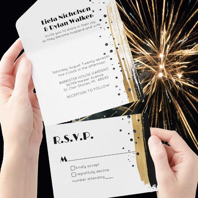 Modern Black Gold Paint Swash Border Wedding All In One Invitation (Creator Uploaded)