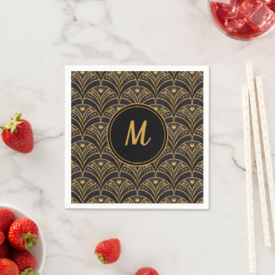 Modern Black Gold Pattern Art Deco Monogram Napkins