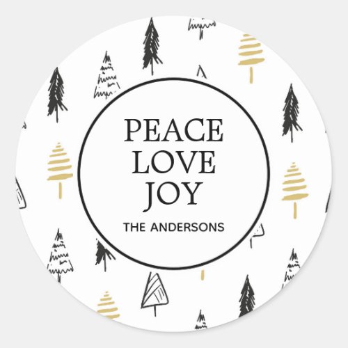 Modern Black  Gold Peace Love Joy Christmas Tree Classic Round Sticker
