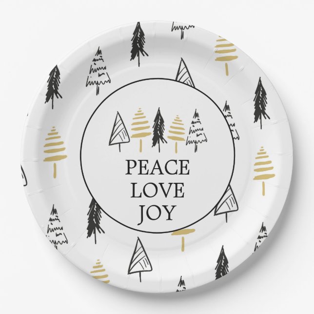 Modern Black & Gold Peace Love Joy Christmas Tree Paper Plates (Front)