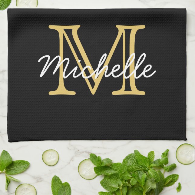 Modern Black Gold Personalized Name Monogrammed Kitchen Towel (Folded)