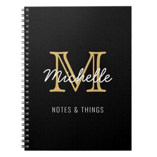 Modern Black Gold Personalized Name Monogrammed Notebook
