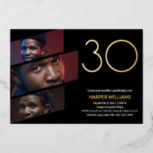 Modern Black Gold Photo 30th Birthday Foil Invitation