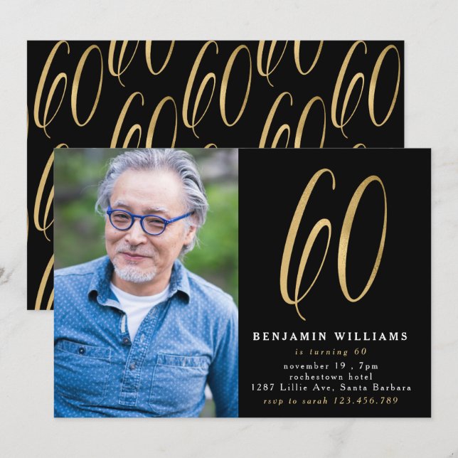 Modern Black & Gold Photo 60th Birthday Party Invitation (Front/Back)