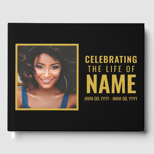 Modern Black Gold Photo Celebration of Life  Guest Book (Front)
