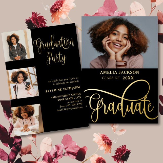 Modern Black & Gold Photo Collage Graduate  Foil Invitation (Creator Uploaded)