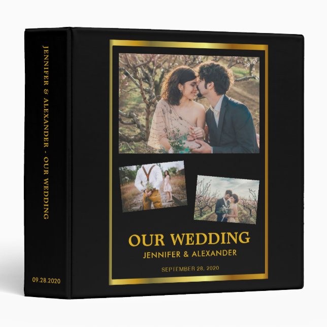 Modern black gold photo collage wedding album 3 ring binder (Front/Spine)