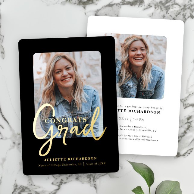 Modern Black Gold Photo College Graduation Party Foil Invitation (Creator Uploaded)