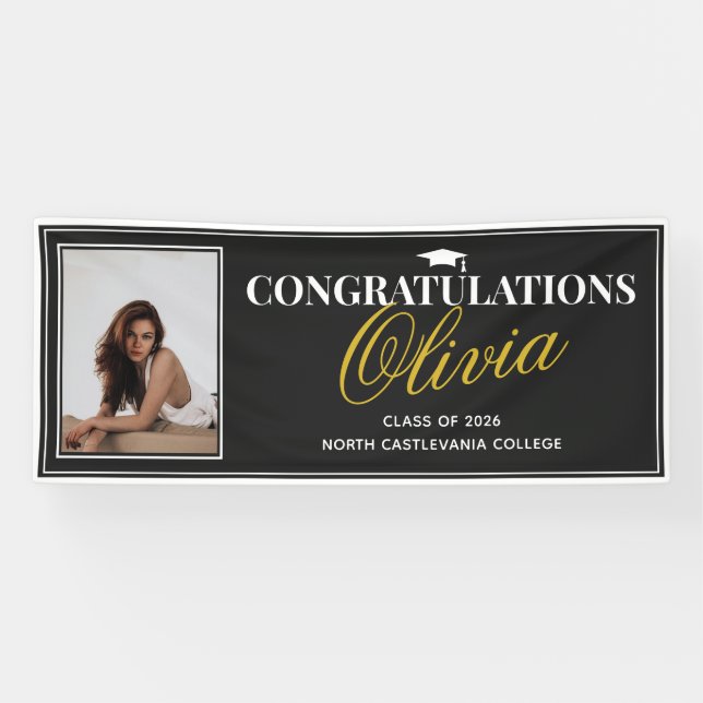 Modern Black Gold Photo Congratulations Grad Party Banner (Horizontal)