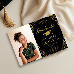 Modern Black Gold Photo Graduation Announcement 