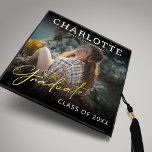 Modern Black Gold Photo  Graduation Cap Topper<br><div class="desc">Elegant graduation cap topper featuring a photo of the graduate,  a black overlay,  faux gold foil graduation cap,  their name,  the school or college they attended,  and class year.</div>