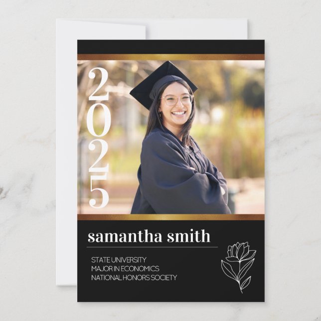 Modern Black Gold Photo Graduation Invitation (Back)