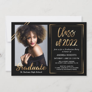 Modern Black Gold Photo Graduation Invitation