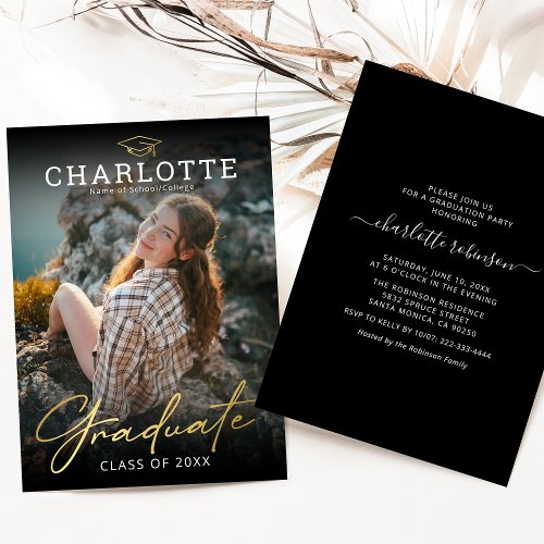 Modern Black Gold Photo Graduation Invitation