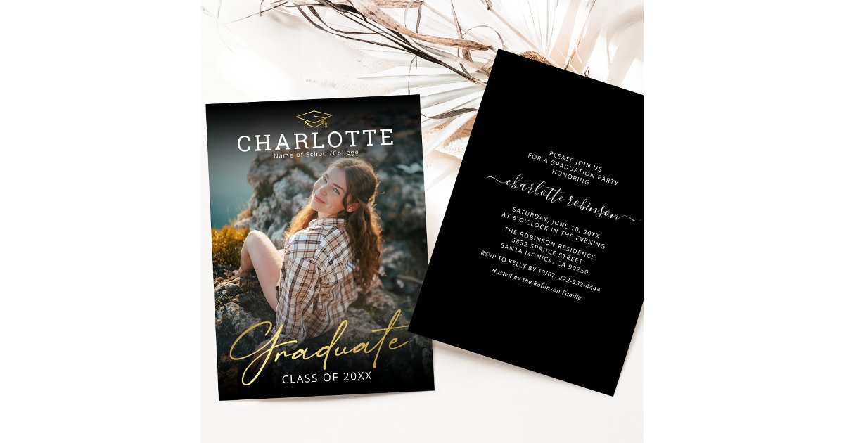Modern Black Gold Photo Graduation Invitation | Zazzle