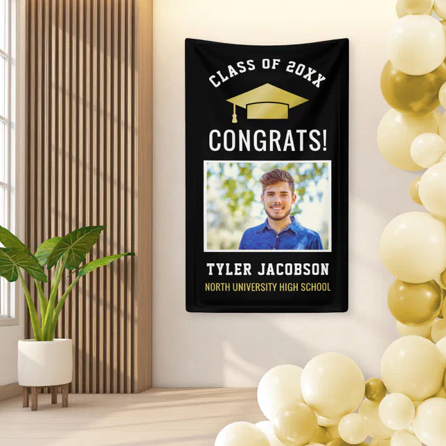 Modern Black Gold Photo Graduation Party Banner | Zazzle