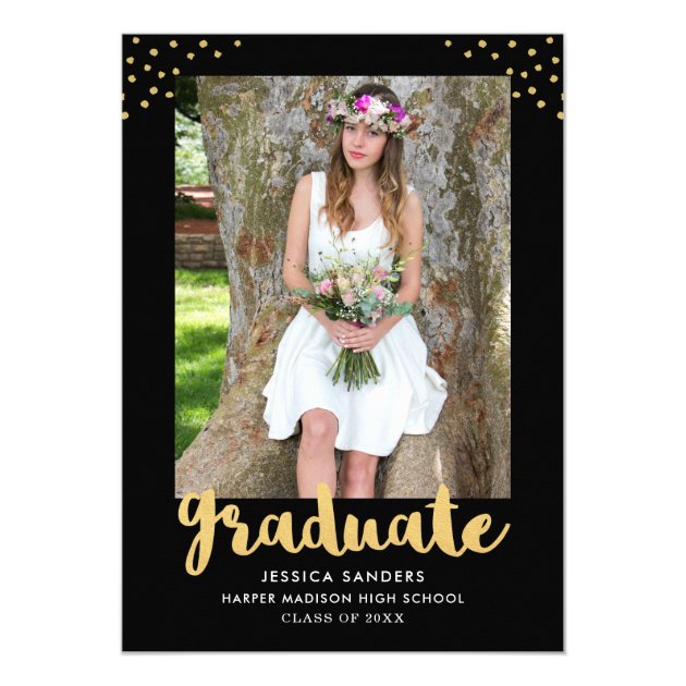 Modern Black Gold Photo Graduation Party Card (front side)