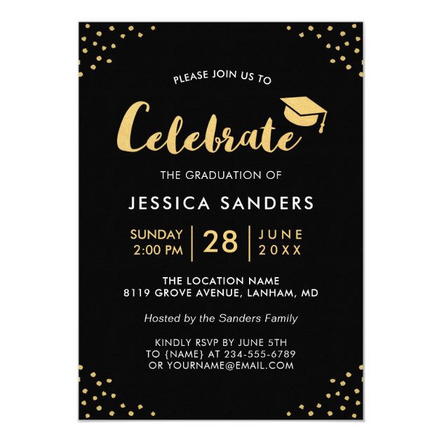 Modern Black Gold Photo Graduation Party Card