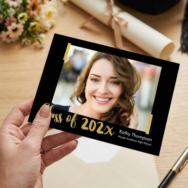 Modern Black Gold Photo Graduation Party Invitation (Creator Uploaded)