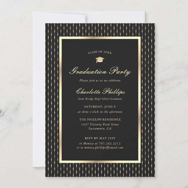 Modern Black Gold Photo Graduation Party Invitation (Back)