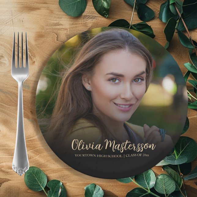 Modern Black Gold Photo Graduation Party Paper Plates (Graduation party photo paper plates.)