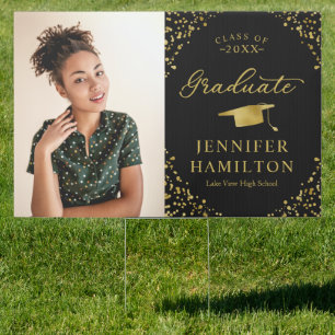 Modern Black Gold Photo Graduation Sign