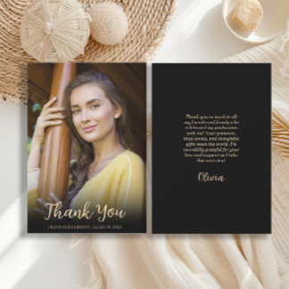 Modern Black Gold Photo Graduation Thank You Card