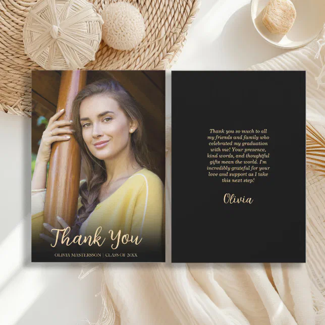 Modern Black Gold Photo Graduation Thank You Card | Zazzle