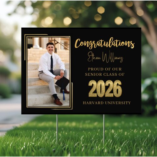 Modern Black Gold Photo Graduation Yard Sign