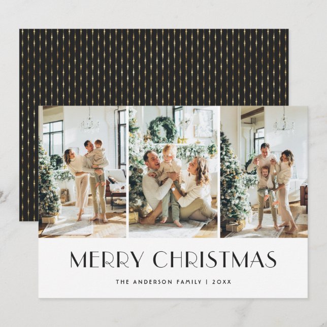 Modern Black Gold Photo Merry Christmas Card (Front/Back)