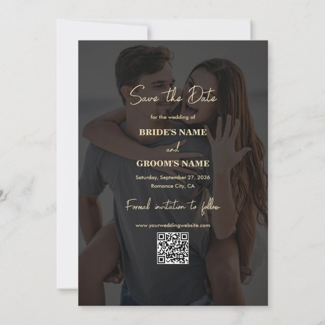 Modern Black Gold Photo Overlay QR Code Wedding Save The Date (Front)