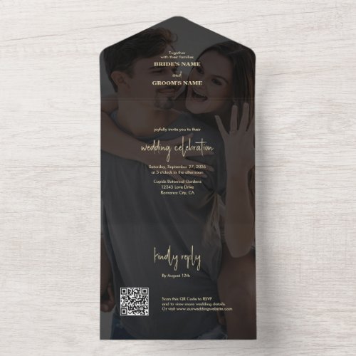 Modern Black Gold Photo Overlay Wedding All In One Invitation