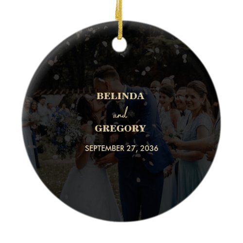 Modern Black Gold Photo Overlay Wedding Ceramic Ornament