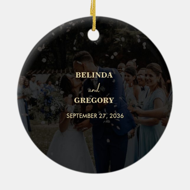 Modern Black Gold Photo Overlay Wedding Ceramic Ornament (Back)