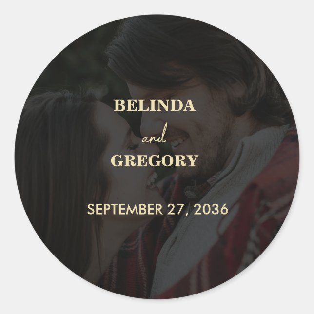 Modern Black Gold Photo Overlay Wedding Classic Round Sticker (Front)