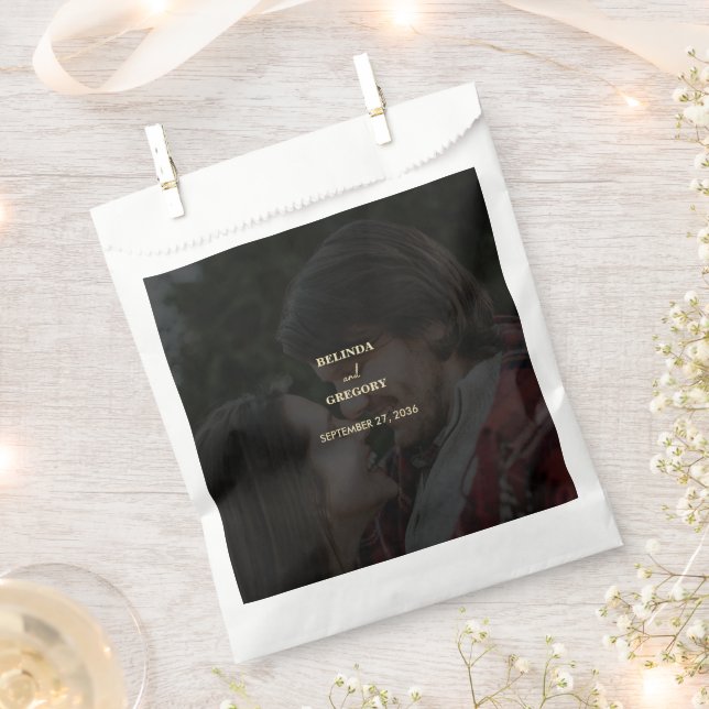 Modern Black Gold Photo Overlay Wedding Favor Bag (Clipped)