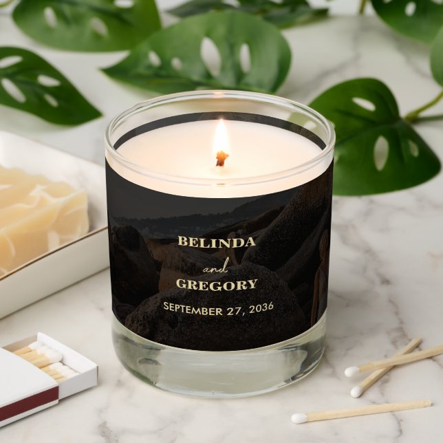 Modern Black Gold Photo Overlay Wedding Favor Scented Candle (Lit)