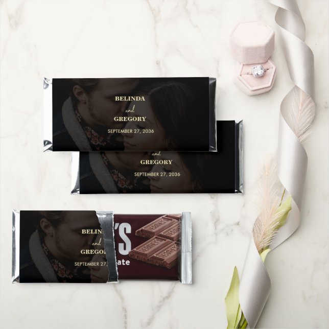 Modern Black Gold Photo Overlay Wedding Hershey Bar Favors (Front)