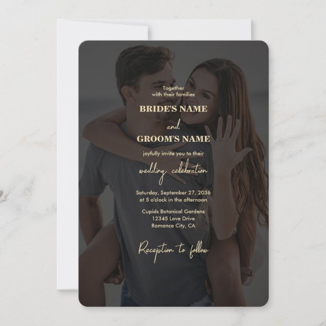 Modern Black Gold Photo Overlay Wedding Invitation (Front)
