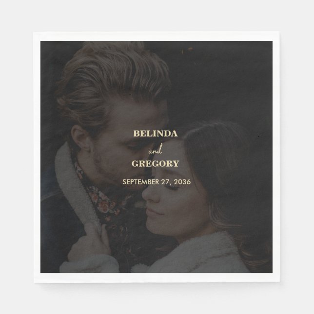 Modern Black Gold Photo Overlay Wedding Napkins (Front)
