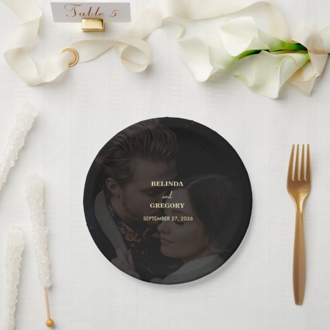 Modern Black Gold Photo Overlay Wedding Paper Plates (Wedding)