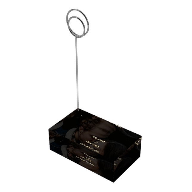 Modern Black Gold Photo Overlay Wedding Place Card Holder (Corner)