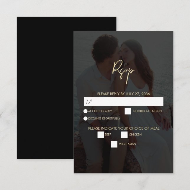 Modern Black Gold Photo Overlay Wedding RSVP Card (Front/Back)